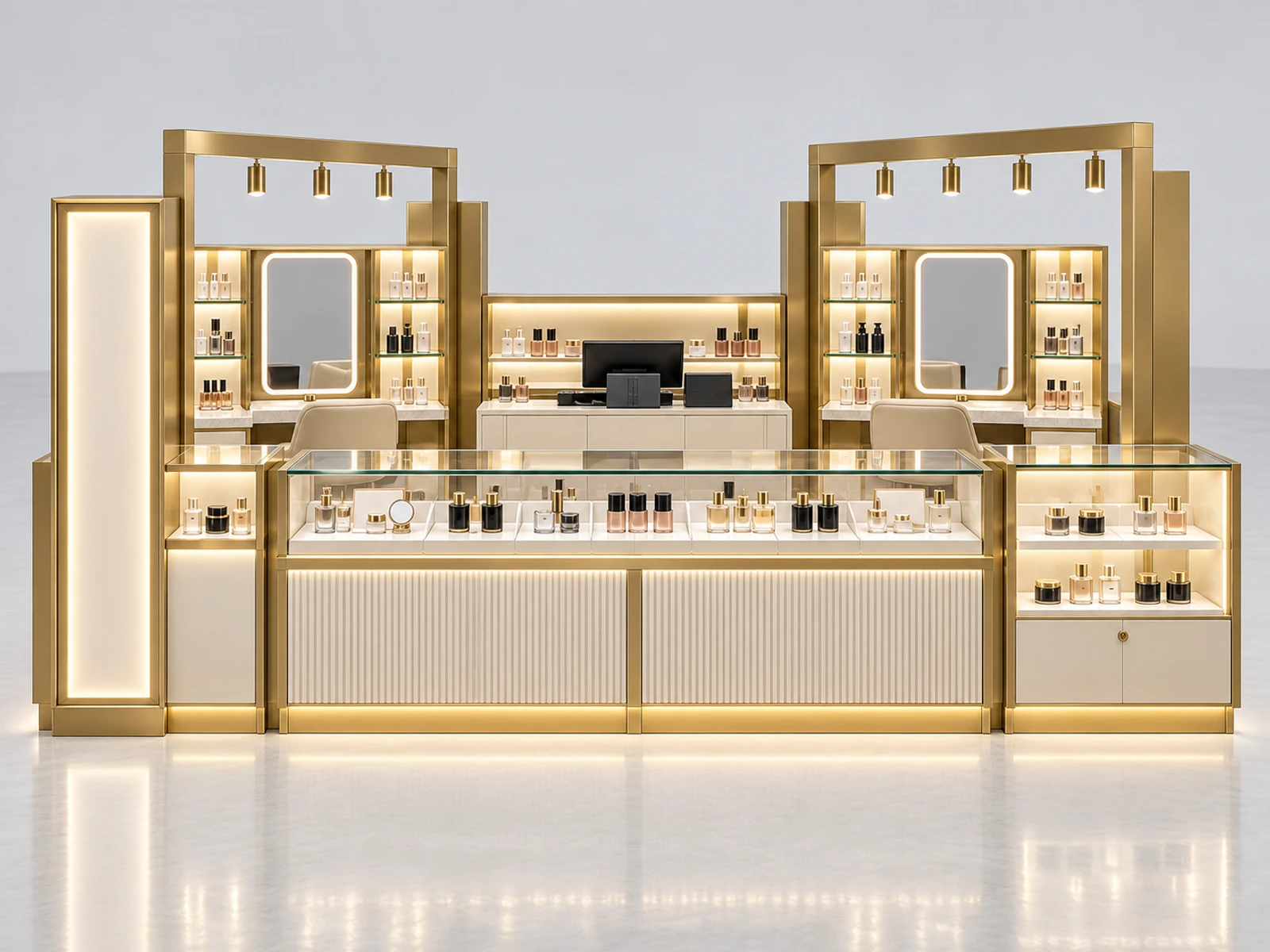 Champagne Gold Cosmetic Kiosk with Glass Tester Counter customer-facing service and display detail