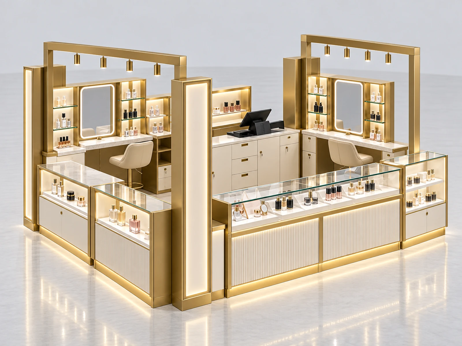 Champagne Gold Cosmetic Kiosk with Glass Tester Counter staff-side equipment, utilities, and storage view