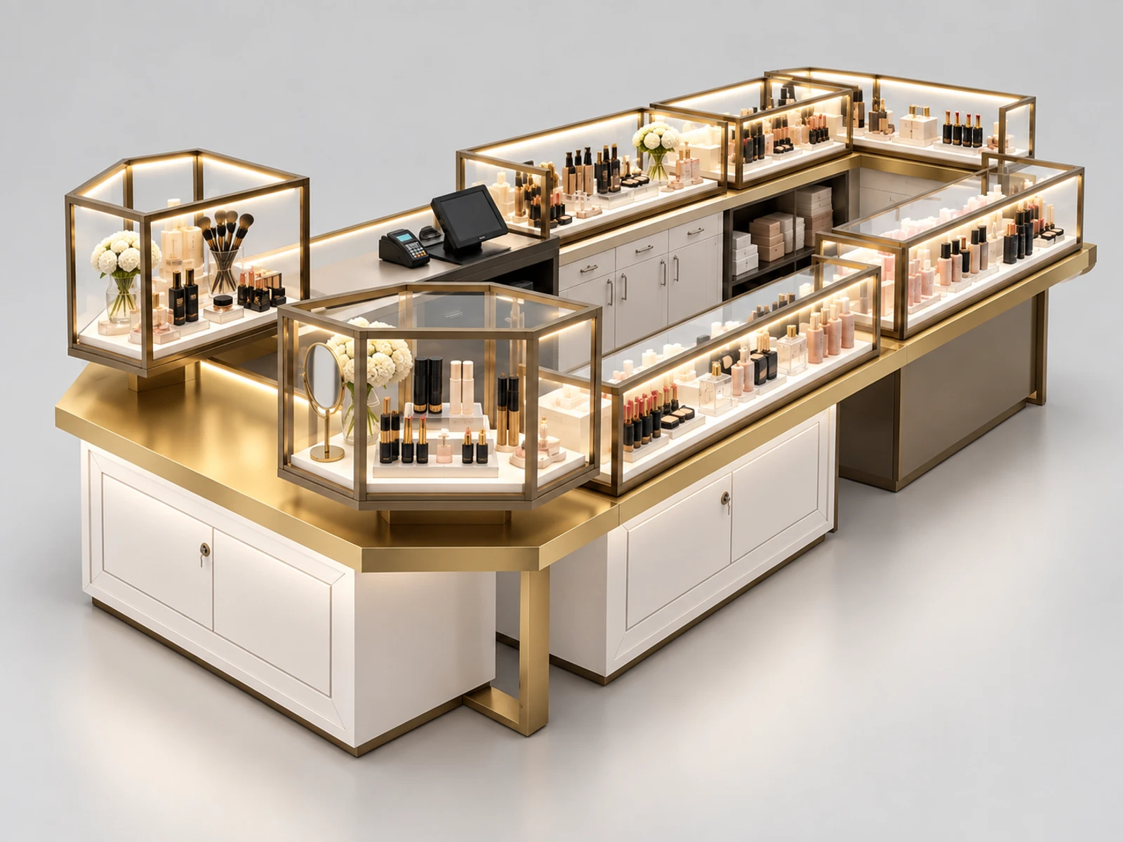 Commercial Cosmetic Kiosk with POS and Stock Storage opposite angle showing the complete layout