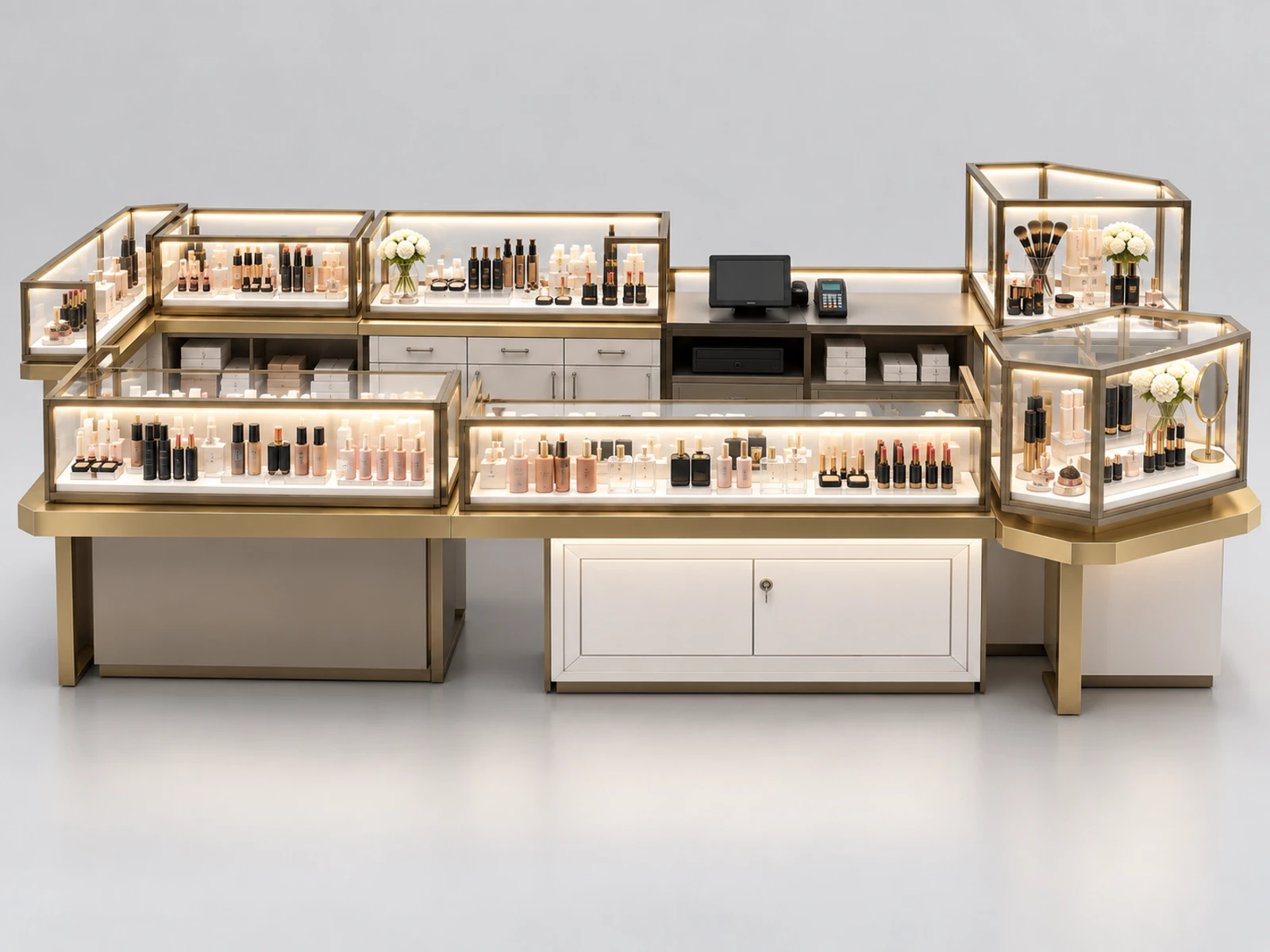 Commercial Cosmetic Kiosk with POS and Stock Storage customer-facing service and display detail