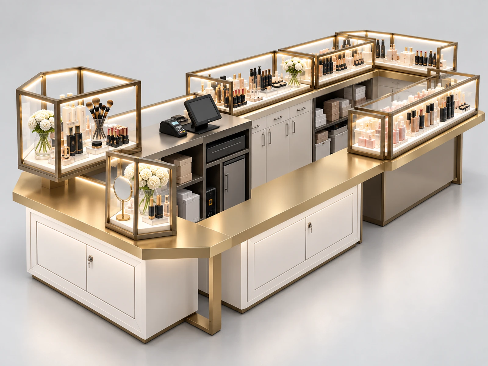 Commercial Cosmetic Kiosk with POS and Stock Storage staff-side equipment, utilities, and storage view