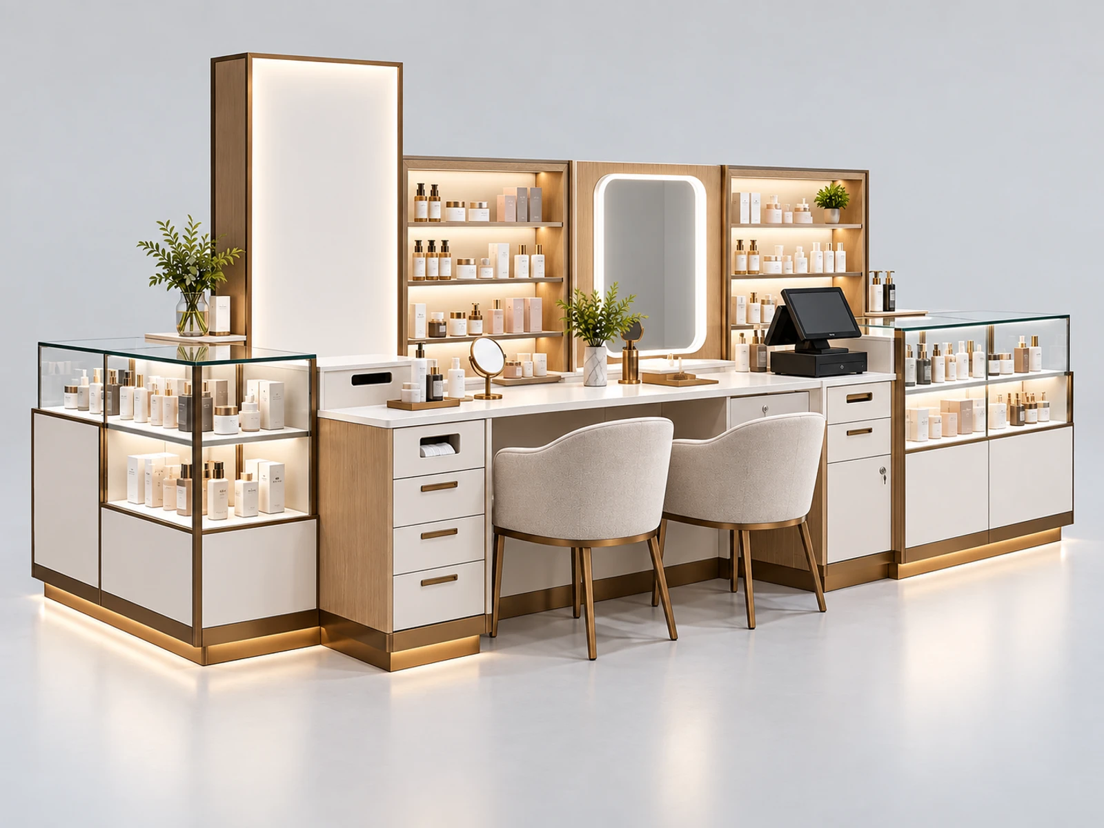 Compact Mall Cosmetic Kiosk with Skincare Consultation Counter staff-side equipment, utilities, and storage view