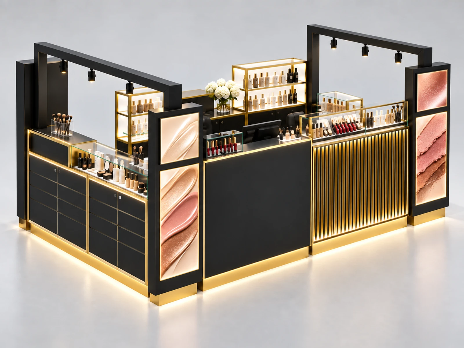 Corner Cosmetic Retail Kiosk with Tall Promotional Display opposite angle showing the complete layout