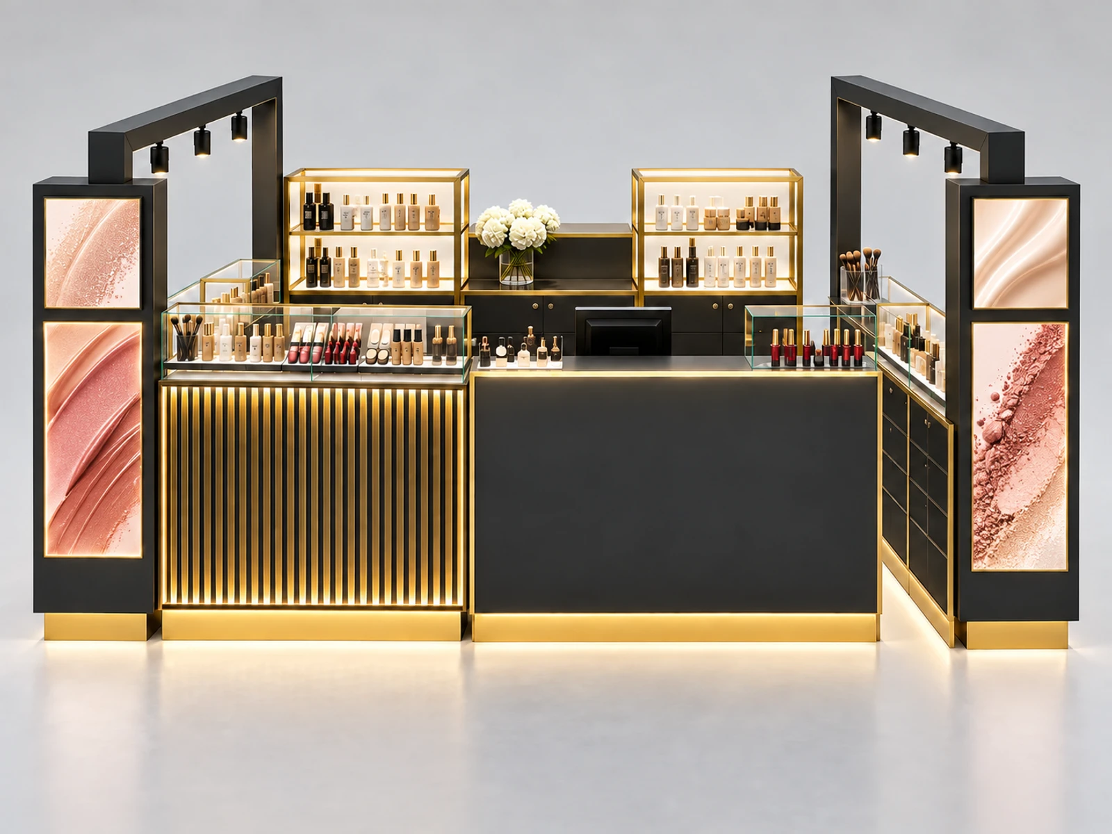 Corner Cosmetic Retail Kiosk with Tall Promotional Display customer-facing service and display detail