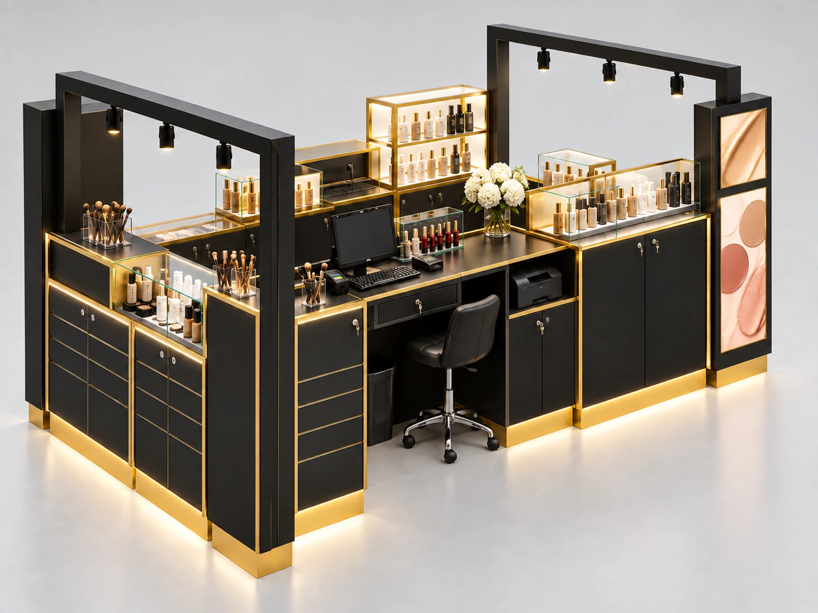Corner Cosmetic Retail Kiosk with Tall Promotional Display staff-side equipment, utilities, and storage view