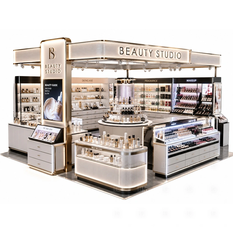 Cosmetic Display Booth for Retail Business with a cosmetic display booth with practical retail counters, visible product shelving, and business-focused storage shown in the cosmetic display booth for retail business product photos