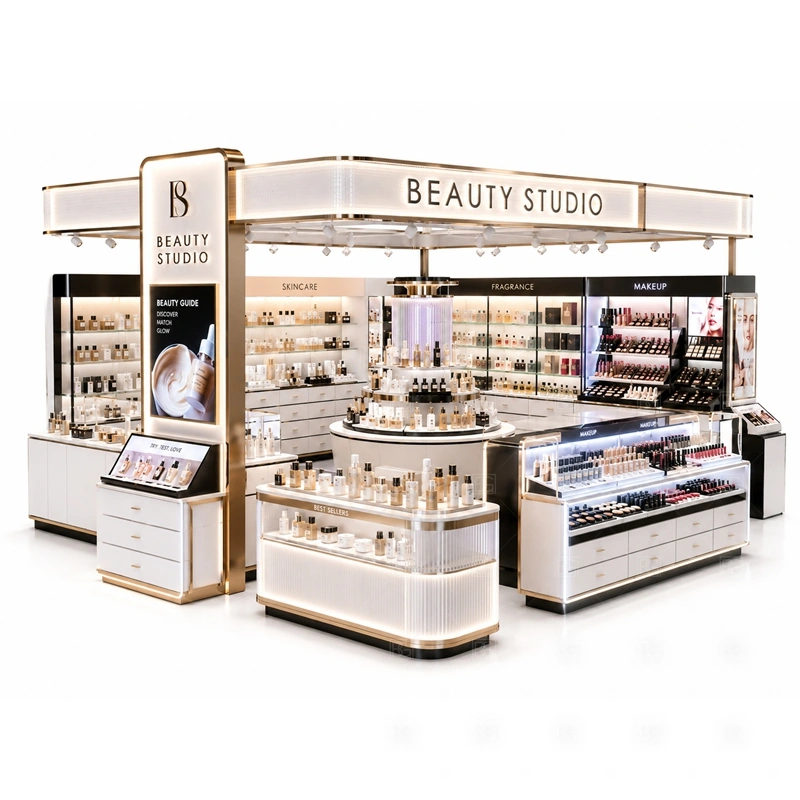Cosmetic Display Booth for Retail Business layout showing wide cosmetic booth layout with front glass counters, rear shelving, and clear customer approach points shown in the cosmetic display booth for retail business product photos, with customer browsing, staff service, and checkout kept easy to understand