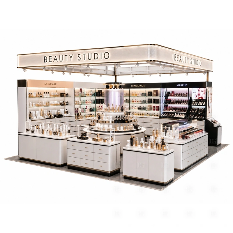 Cosmetic Display Booth for Retail Business display detail for multi-level cosmetic shelving, glass showcase counters, tester displays, and promotional product zones planned for makeup, skincare, fragrance, testers, gift sets, and beauty accessories