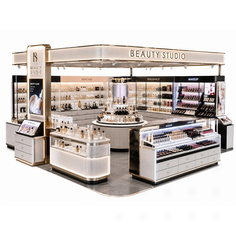 Cosmetic Display Booth for Retail Business tester counter detail for simple tester counters and product explanation zones that do not overload the booth footprint; the kiosk can also support front sales counter, product testing area, packing surface, and staff storage