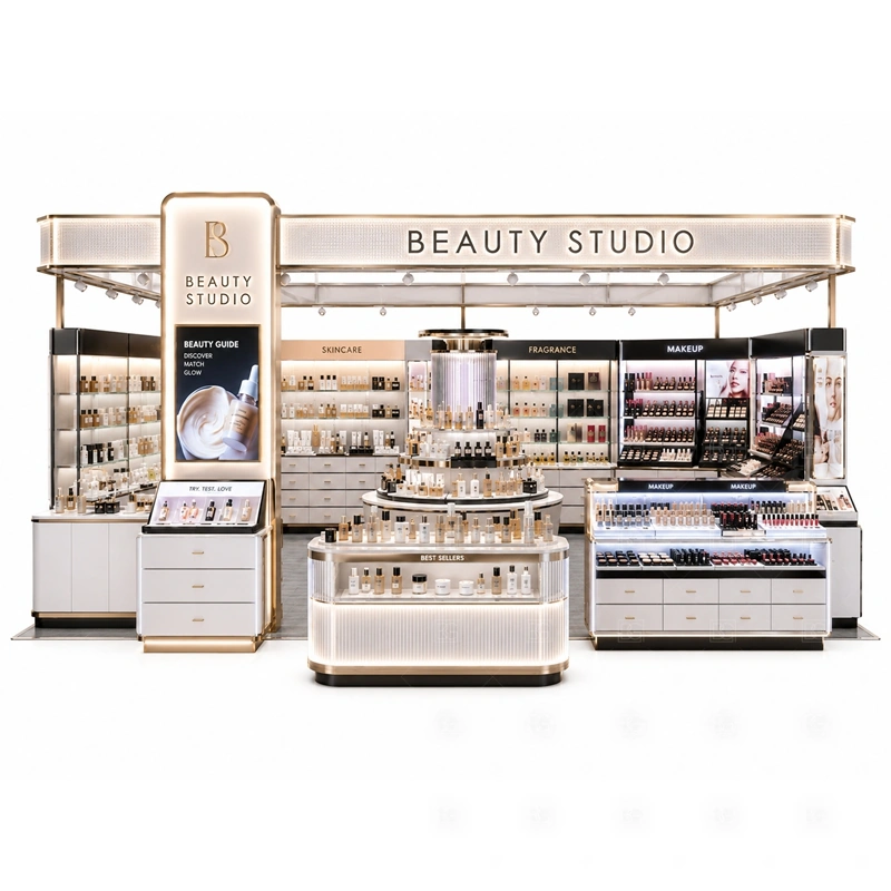 Cosmetic Display Booth for Retail Business lighting and signage detail for beauty studio sign band with front logo display and bright shelf lighting coordinated with brand colors, fascia panels, front graphics, and mall visibility needs