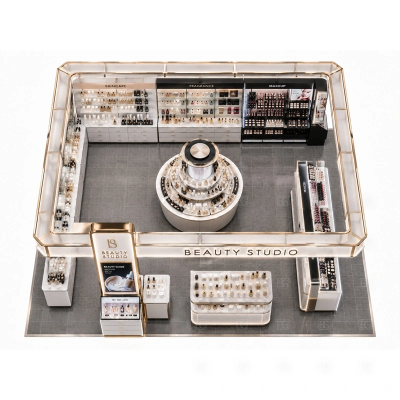 Cosmetic Display Booth for Retail Business storage detail for lockable drawers, sample storage, product stock cabinets, cable access, and staff-side packing space planned for cosmetic display booth for retail business