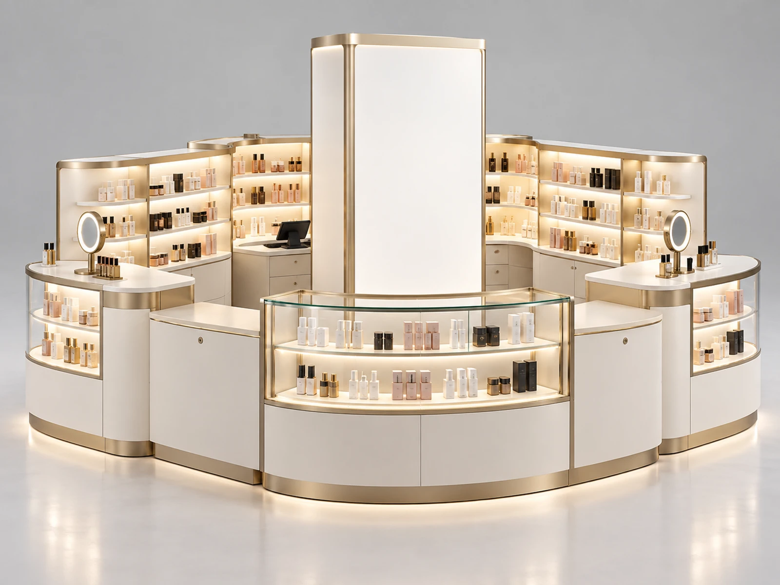 Curved Cosmetic Display Kiosk with LED Product Shelving main three-quarter product view