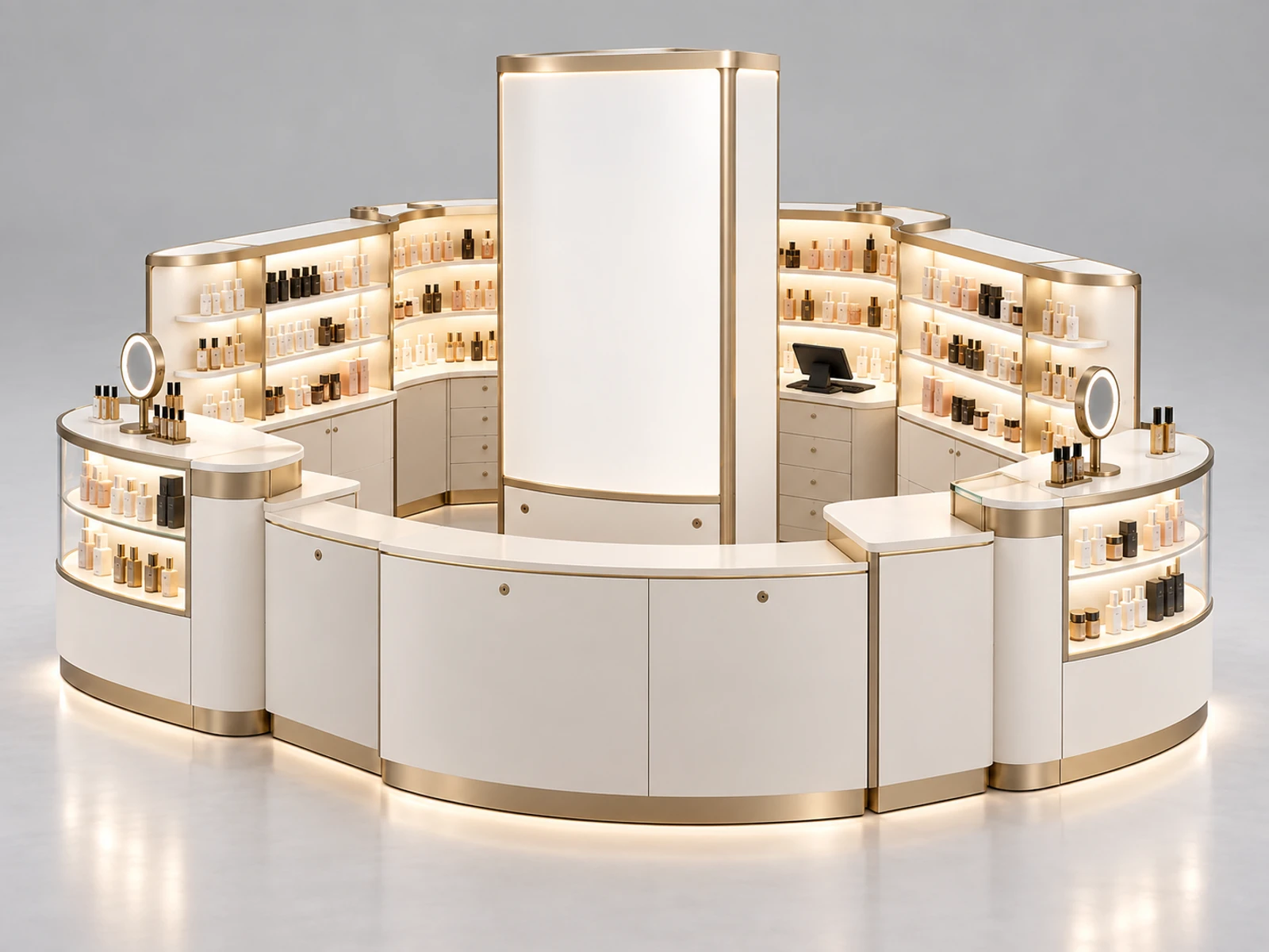 Curved Cosmetic Display Kiosk with LED Product Shelving opposite angle showing the complete layout