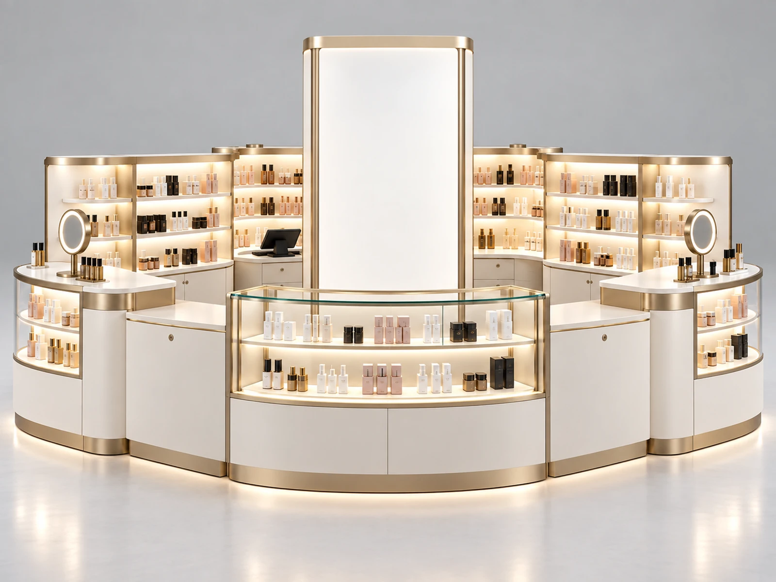 Curved Cosmetic Display Kiosk with LED Product Shelving customer-facing service and display detail