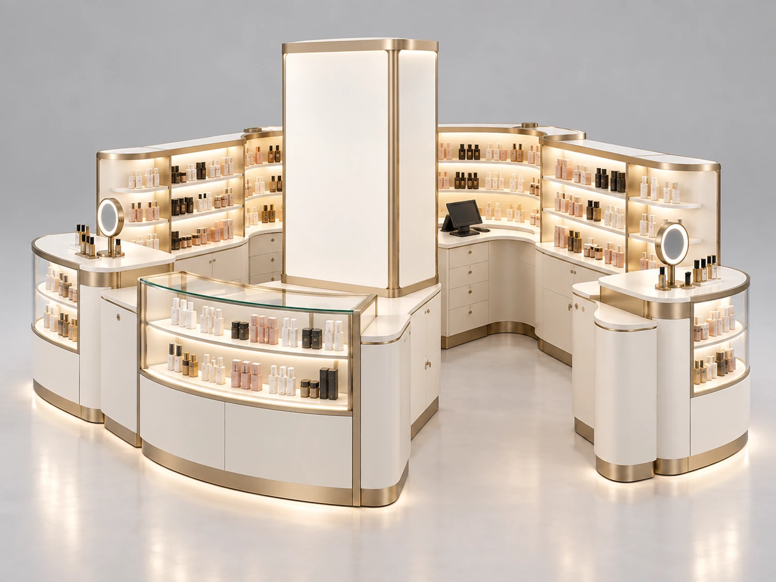 Curved Cosmetic Display Kiosk with LED Product Shelving staff-side equipment, utilities, and storage view