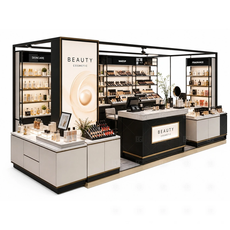 White background custom cosmetic kiosk for makeup and skincare retail