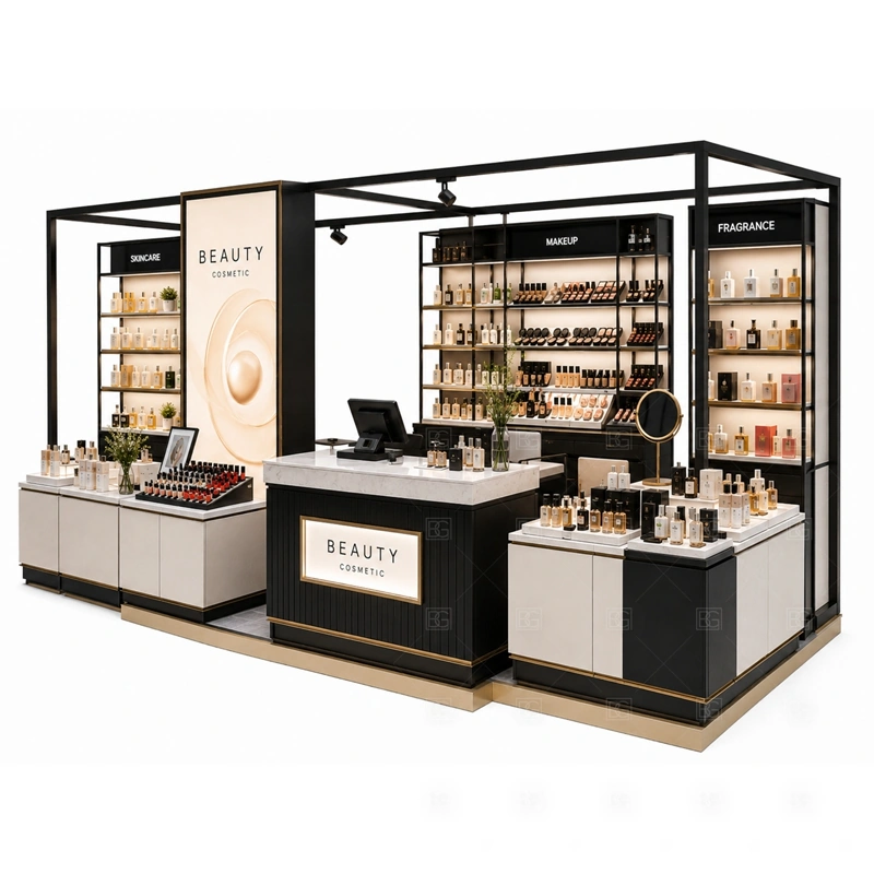 Custom Cosmetic Kiosk for Sale layout showing white cosmetic kiosk layout with open display counters, rear shelving, and a central cashier zone shown in the custom cosmetic kiosk for sale product photos, with customer browsing, staff service, and checkout kept easy to understand