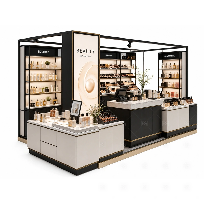 Custom Cosmetic Kiosk for Sale display detail for open makeup display shelves, glass counter sections, and lighted product walls planned for makeup, skincare, fragrance, testers, gift sets, and beauty accessories