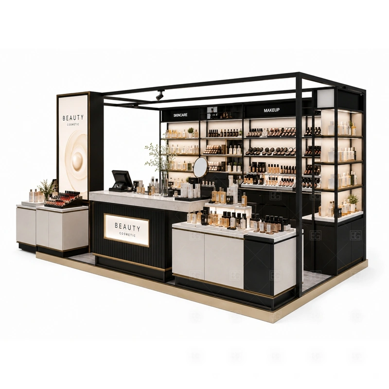 Custom Cosmetic Kiosk for Sale tester counter detail for custom tester counters, mirror positions, checkout surfaces, and gift packing areas arranged from the buyer checklist; the kiosk can also support front service counter, product testing surface, checkout area, and cabinet storage