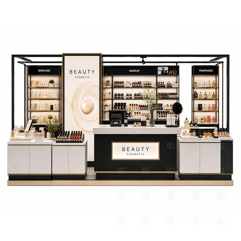 Custom Cosmetic Kiosk for Sale lighting and signage detail for clean logo panels and illuminated beauty brand signage coordinated with brand colors, fascia panels, front graphics, and mall visibility needs