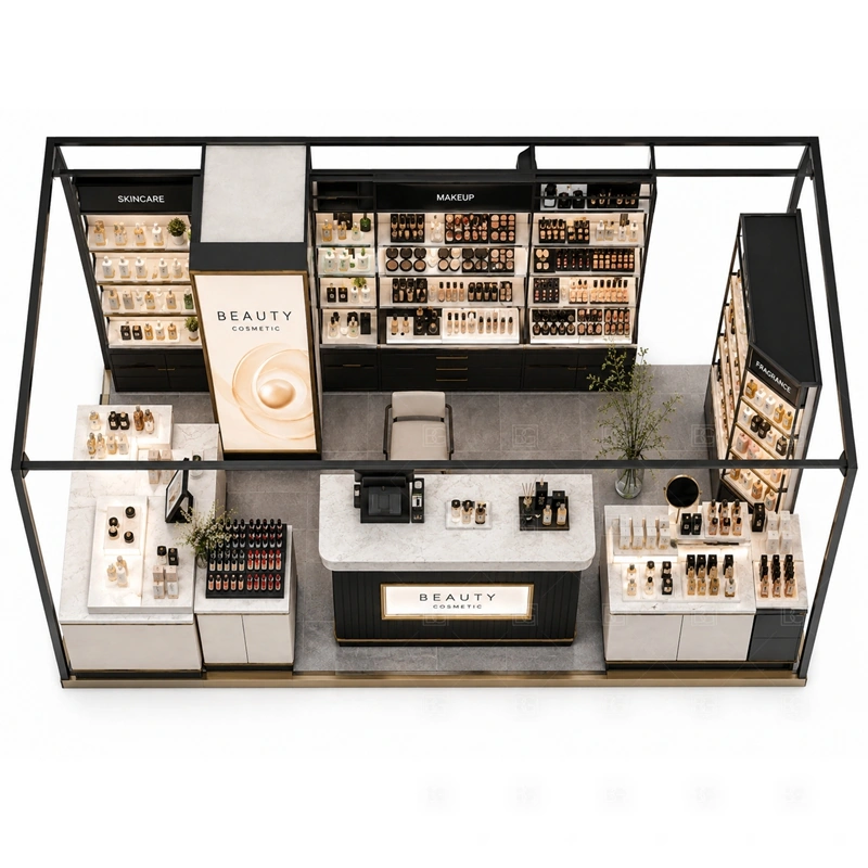 Custom Cosmetic Kiosk for Sale storage detail for lockable drawers, sample storage, product stock cabinets, cable access, and staff-side packing space planned for custom cosmetic kiosk for sale