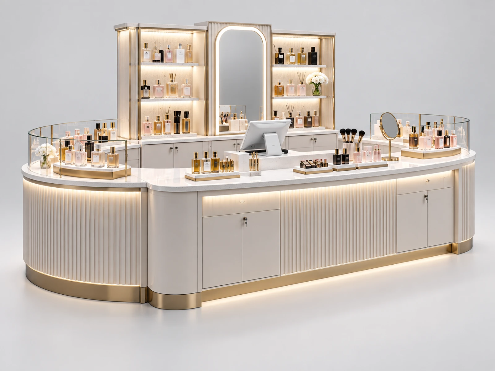 Custom Perfume and Cosmetic Kiosk with Mixed Product Displays main three-quarter product view