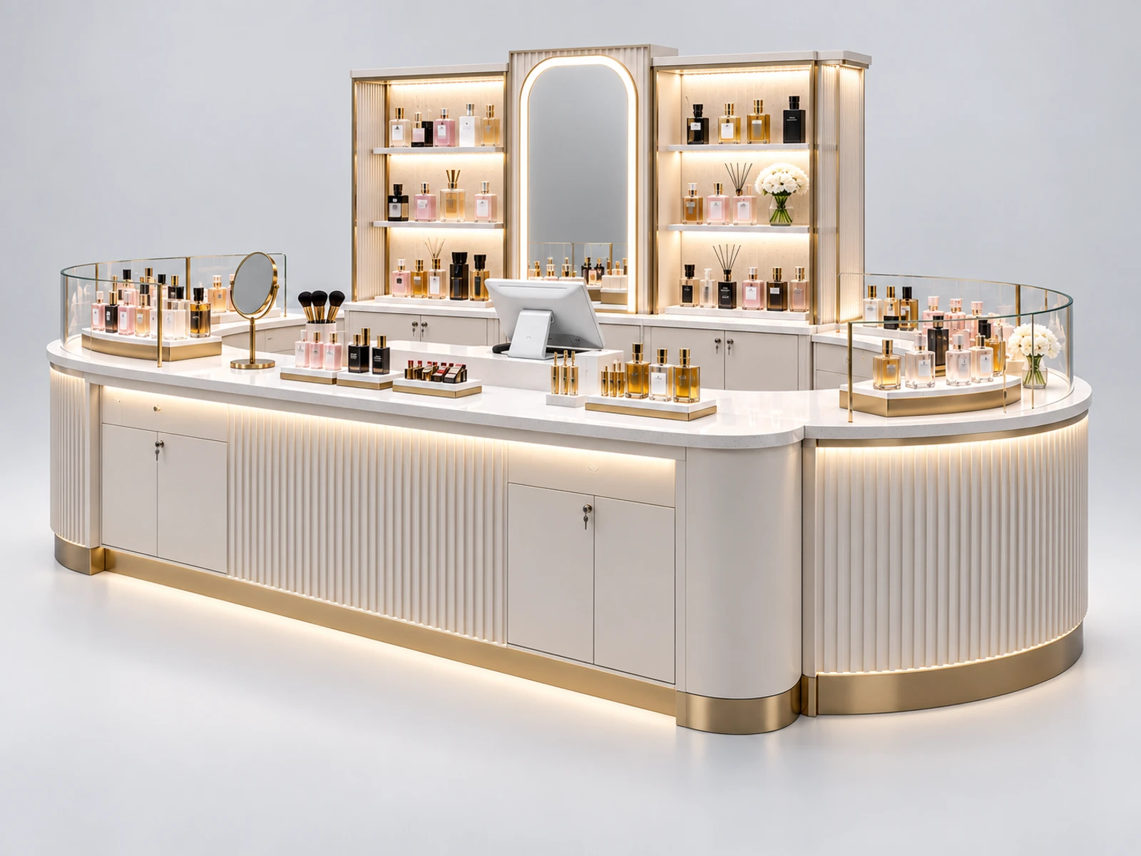 Custom Perfume and Cosmetic Kiosk with Mixed Product Displays opposite angle showing the complete layout