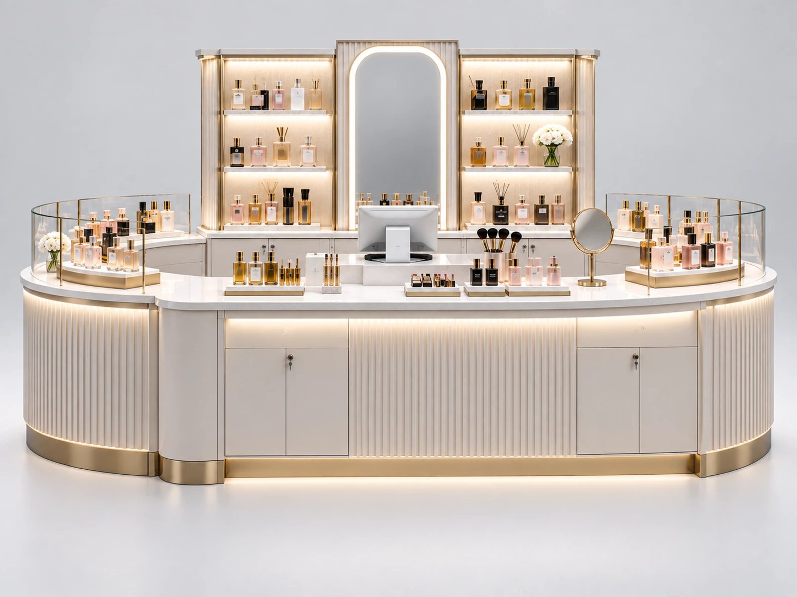 Custom Perfume and Cosmetic Kiosk with Mixed Product Displays customer-facing service and display detail