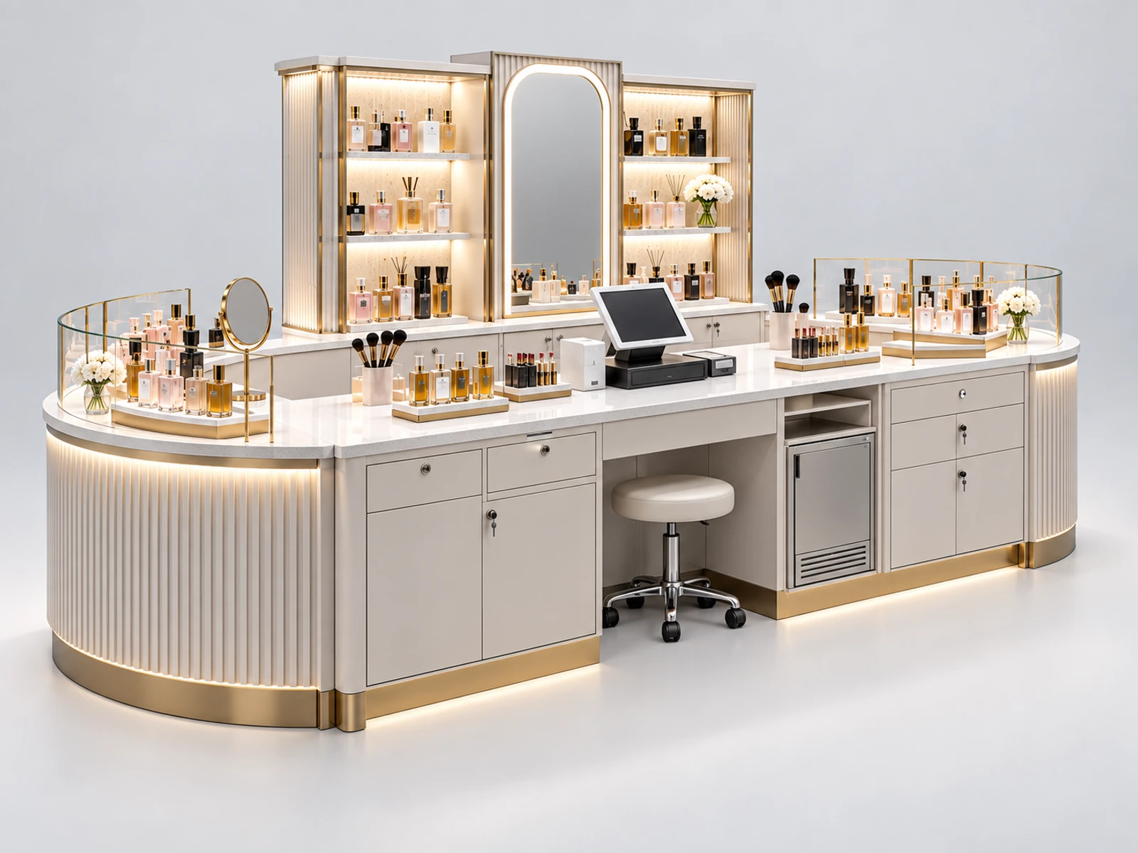 Custom Perfume and Cosmetic Kiosk with Mixed Product Displays staff-side equipment, utilities, and storage view
