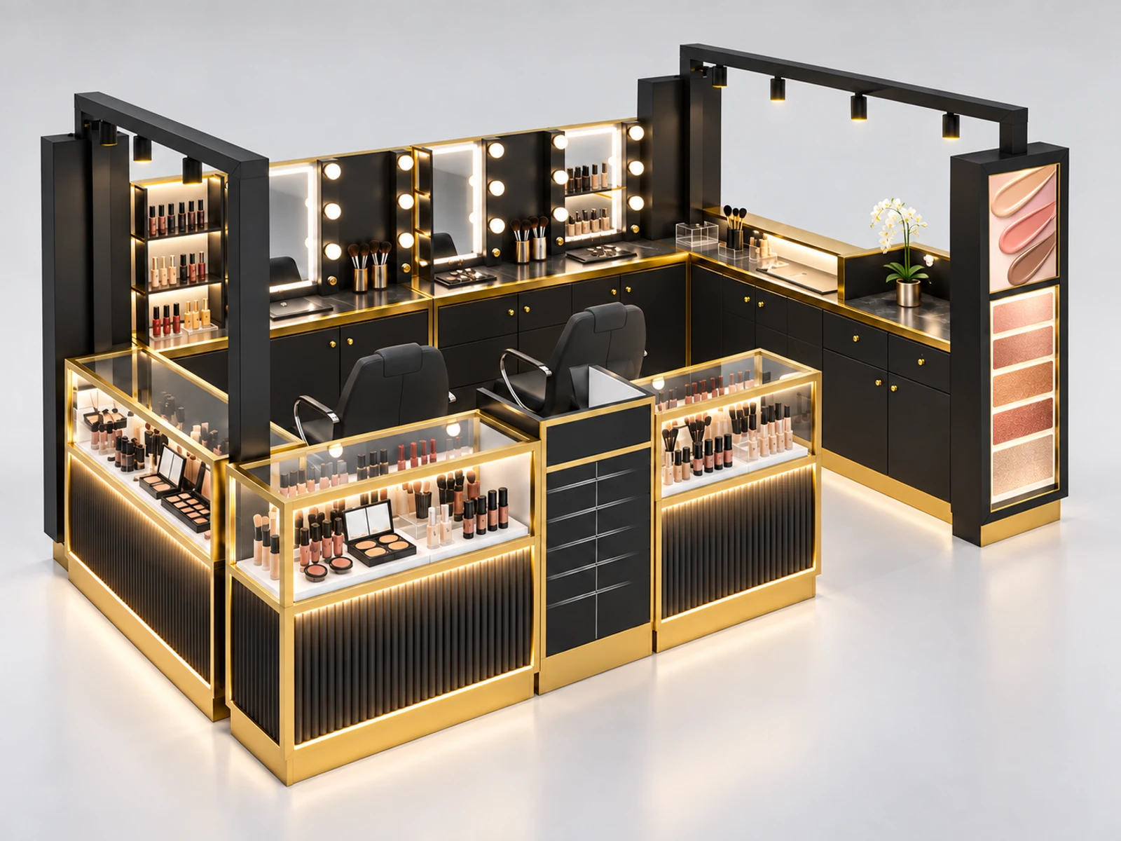 Department Store Cosmetic Kiosk with Branded Tester Islands opposite angle showing the complete layout