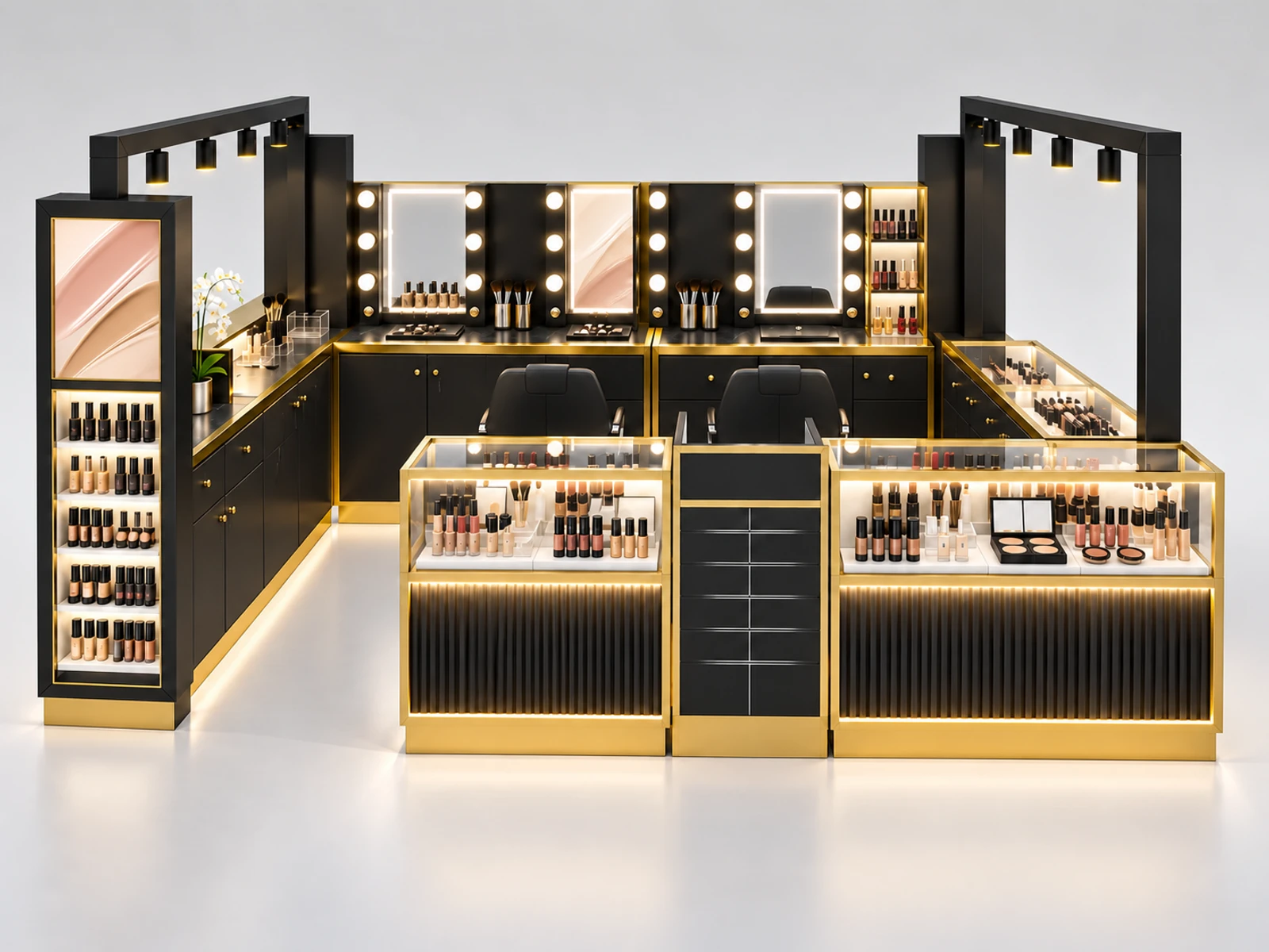 Department Store Cosmetic Kiosk with Branded Tester Islands customer-facing service and display detail