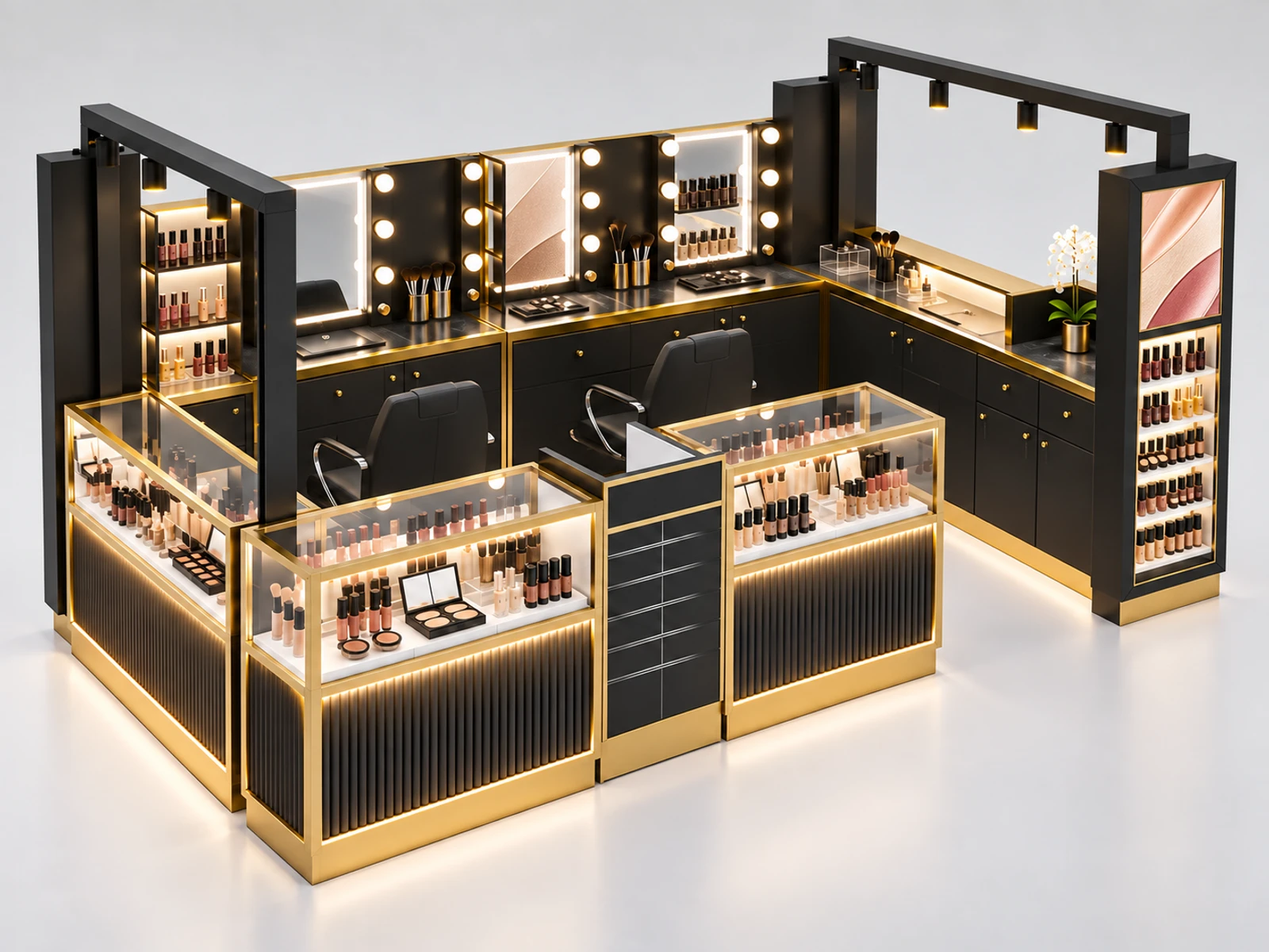 Department Store Cosmetic Kiosk with Branded Tester Islands staff-side equipment, utilities, and storage view