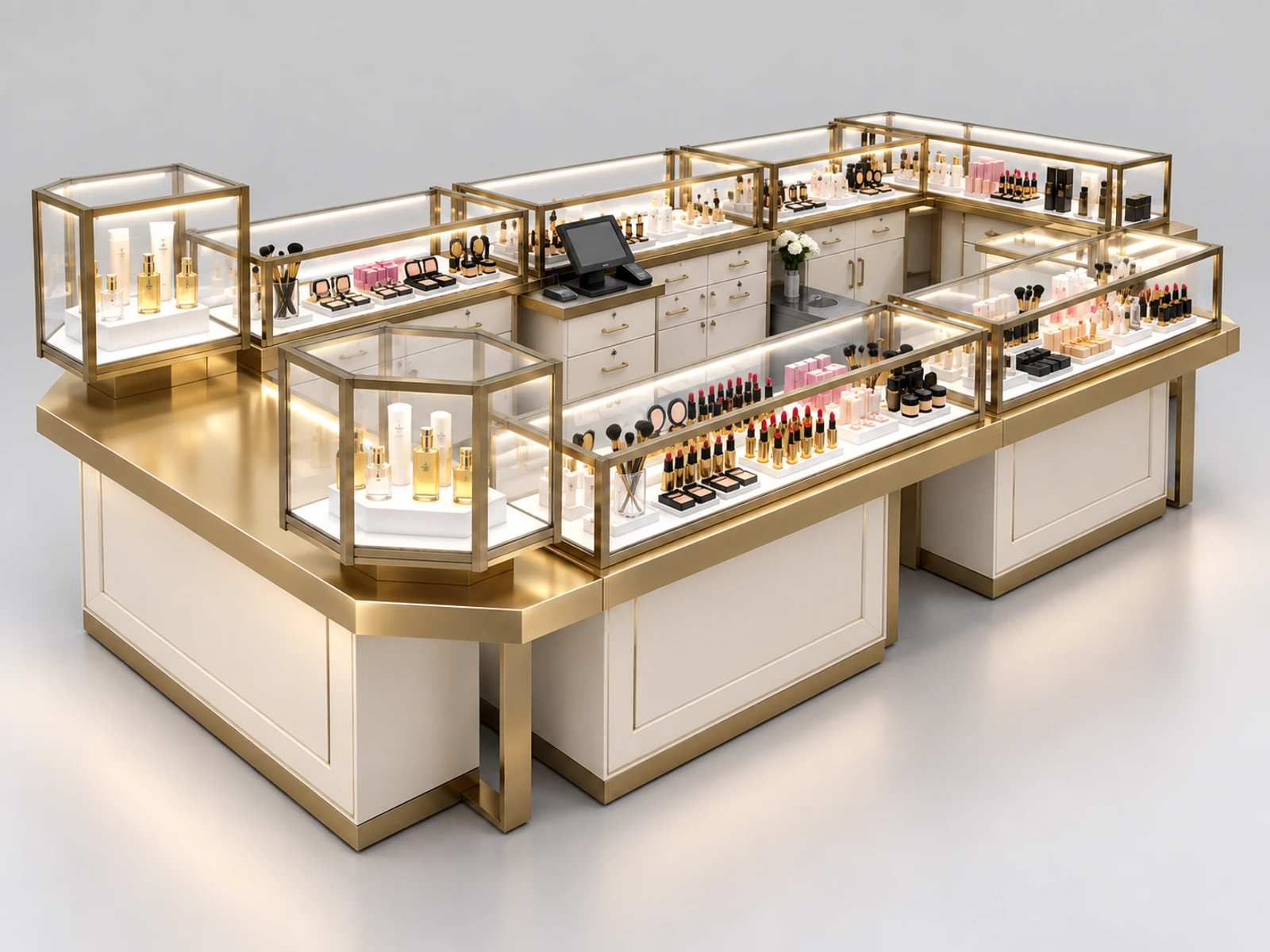 Franchise Beauty Kiosk with Repeatable Modular Cabinets opposite angle showing the complete layout