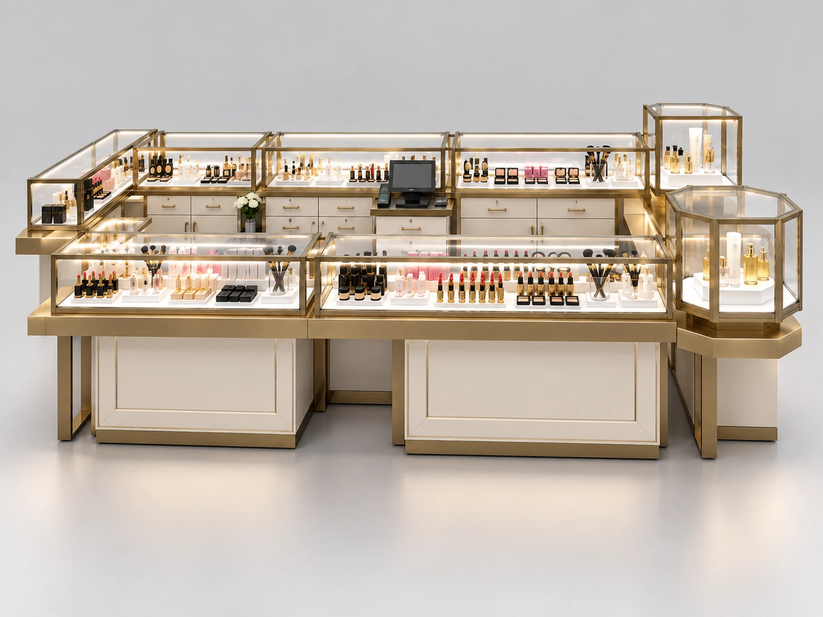 Franchise Beauty Kiosk with Repeatable Modular Cabinets customer-facing service and display detail