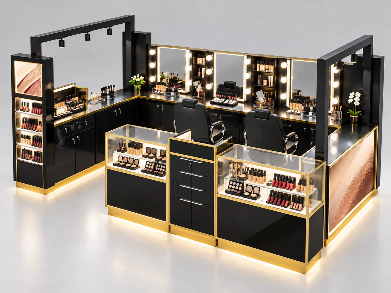 Gloss Black Makeup Kiosk with Bright Mirror Stations main three-quarter product view
