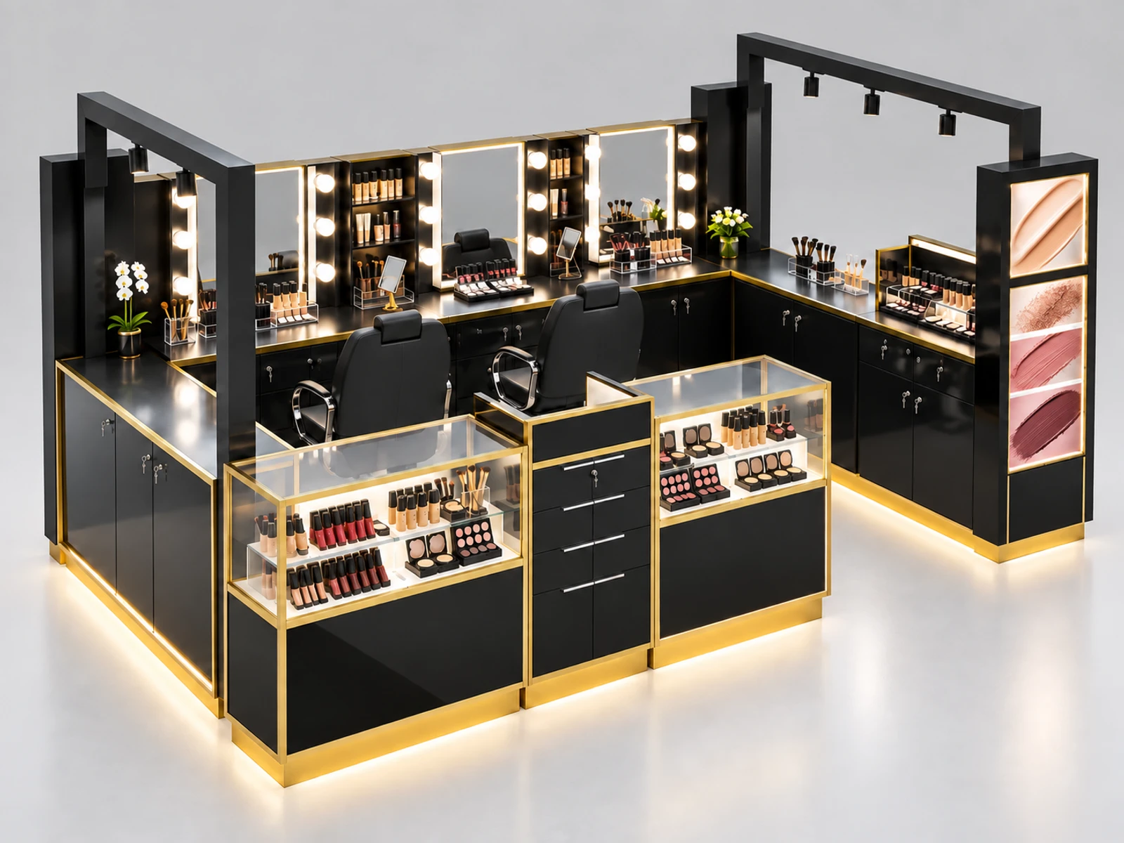 Gloss Black Makeup Kiosk with Bright Mirror Stations opposite angle showing the complete layout