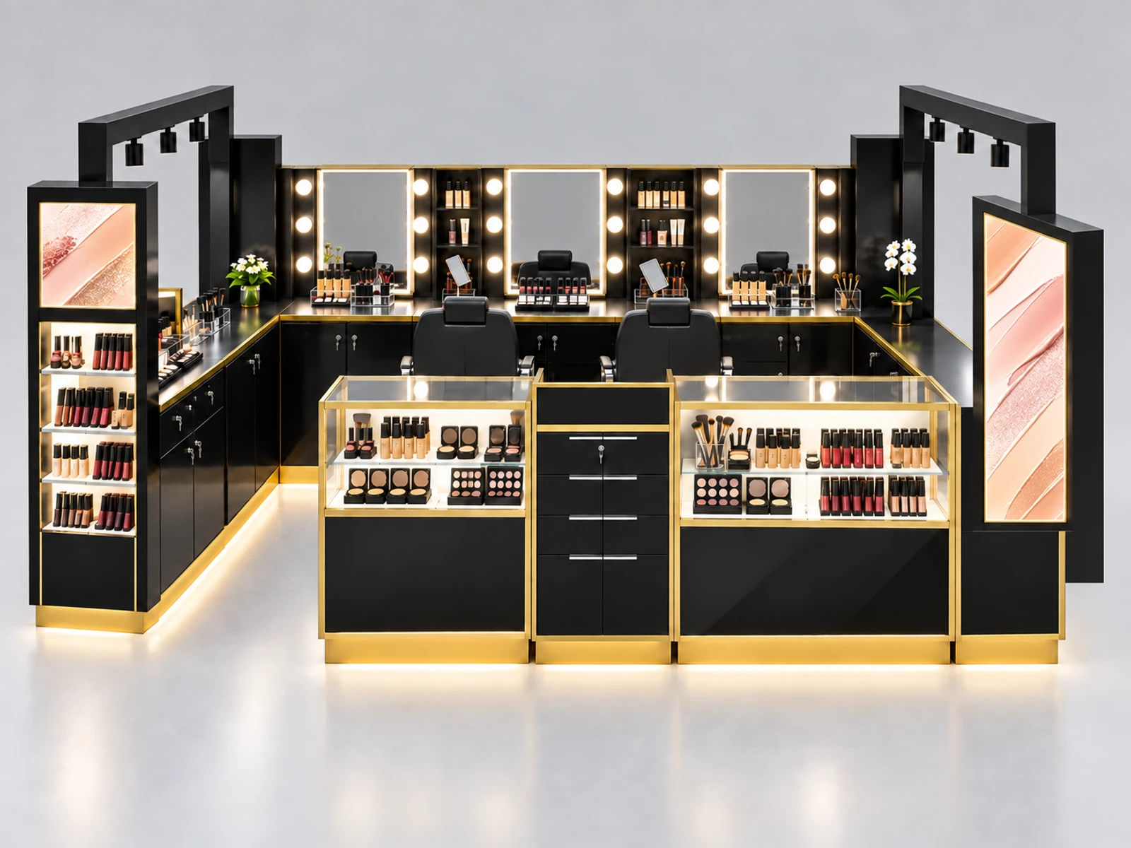 Gloss Black Makeup Kiosk with Bright Mirror Stations customer-facing service and display detail