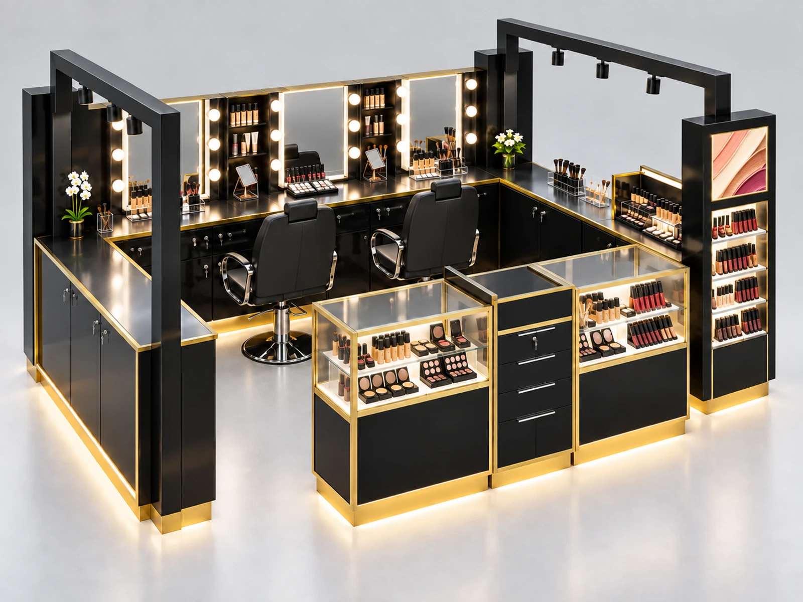 Gloss Black Makeup Kiosk with Bright Mirror Stations staff-side equipment, utilities, and storage view