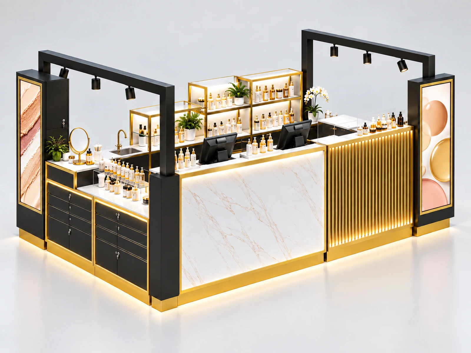 High-End Skincare Kiosk with Premium Sample Bar opposite angle showing the complete layout