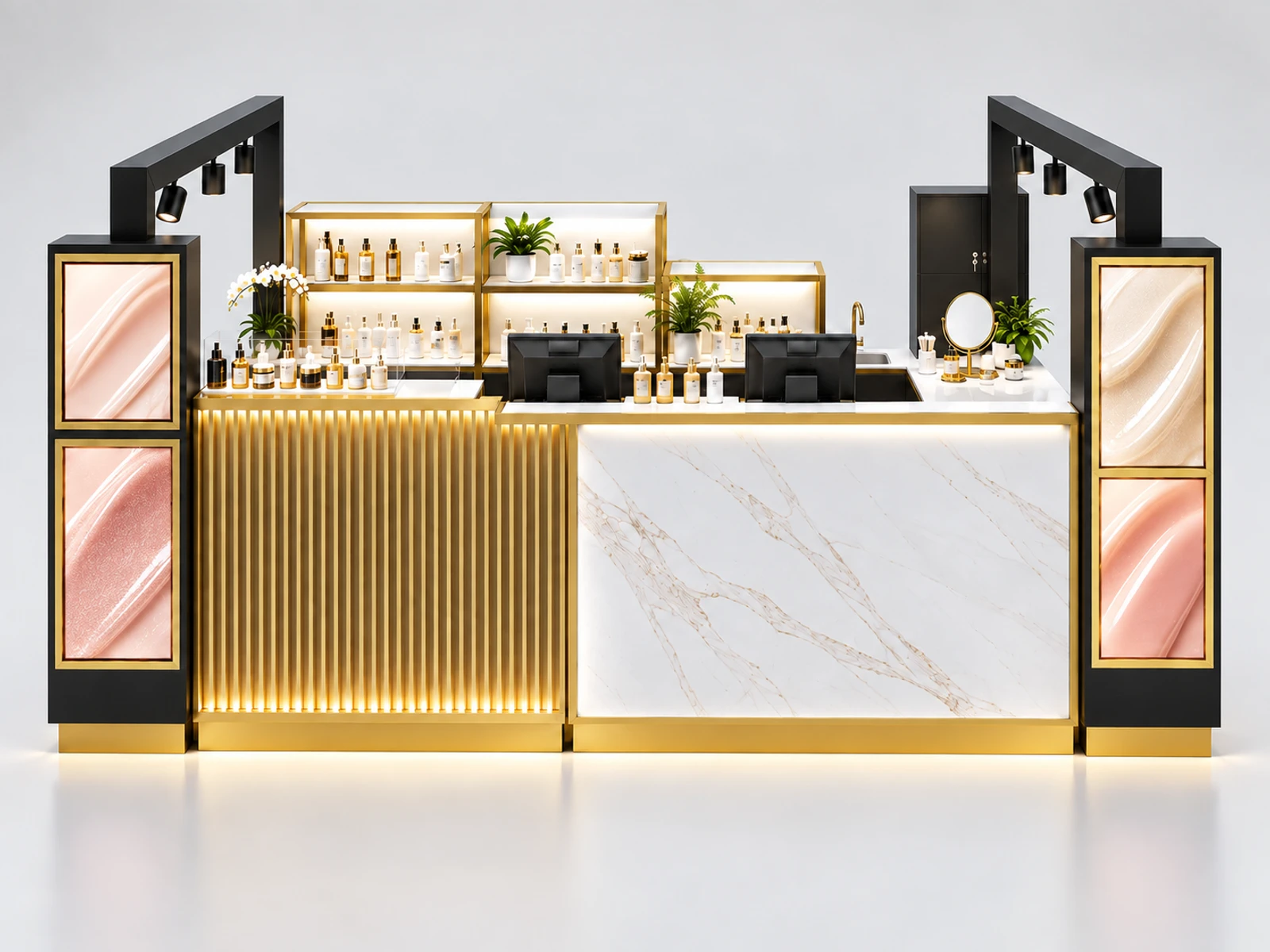High-End Skincare Kiosk with Premium Sample Bar customer-facing service and display detail