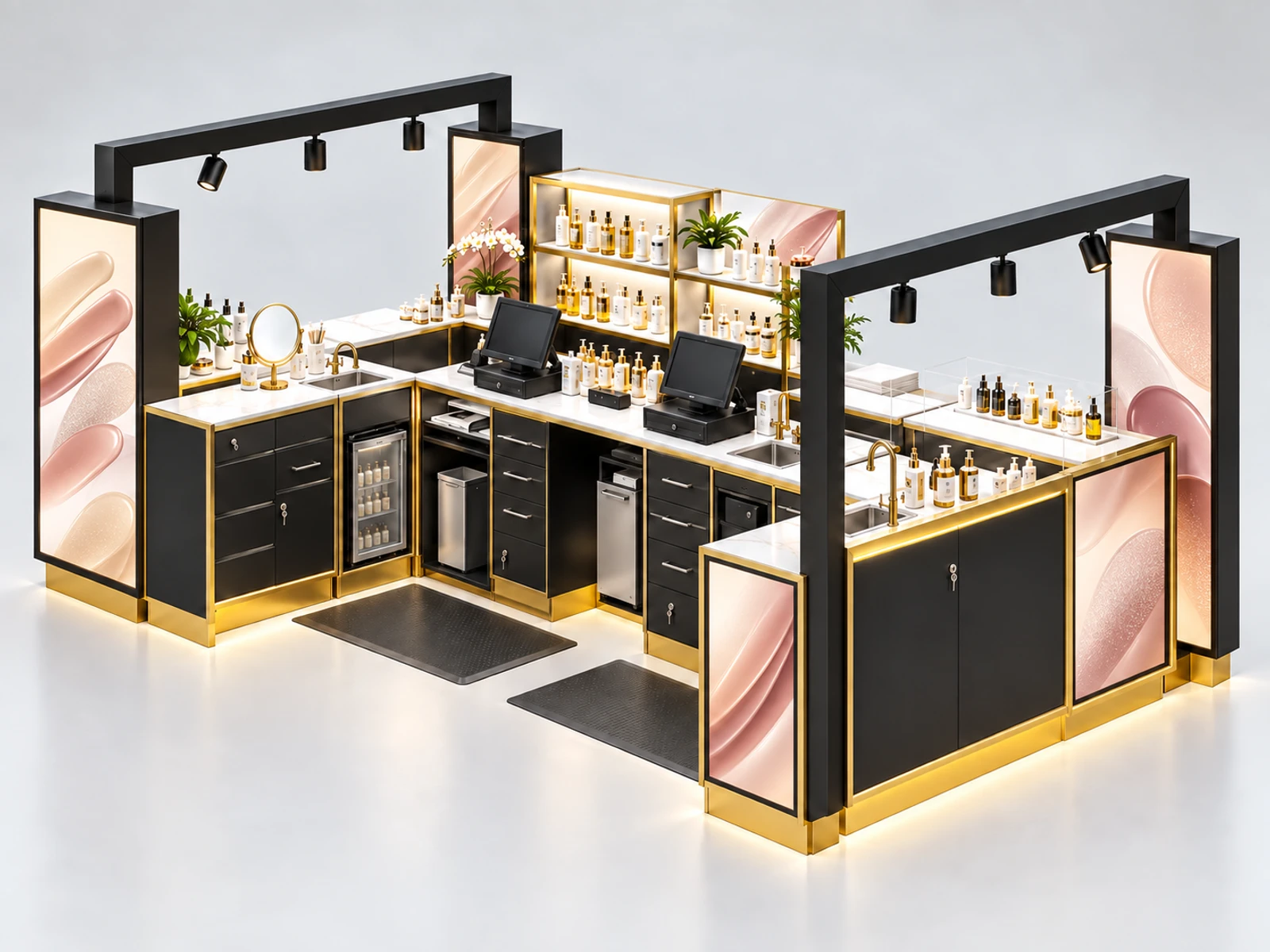 High-End Skincare Kiosk with Premium Sample Bar staff-side equipment, utilities, and storage view