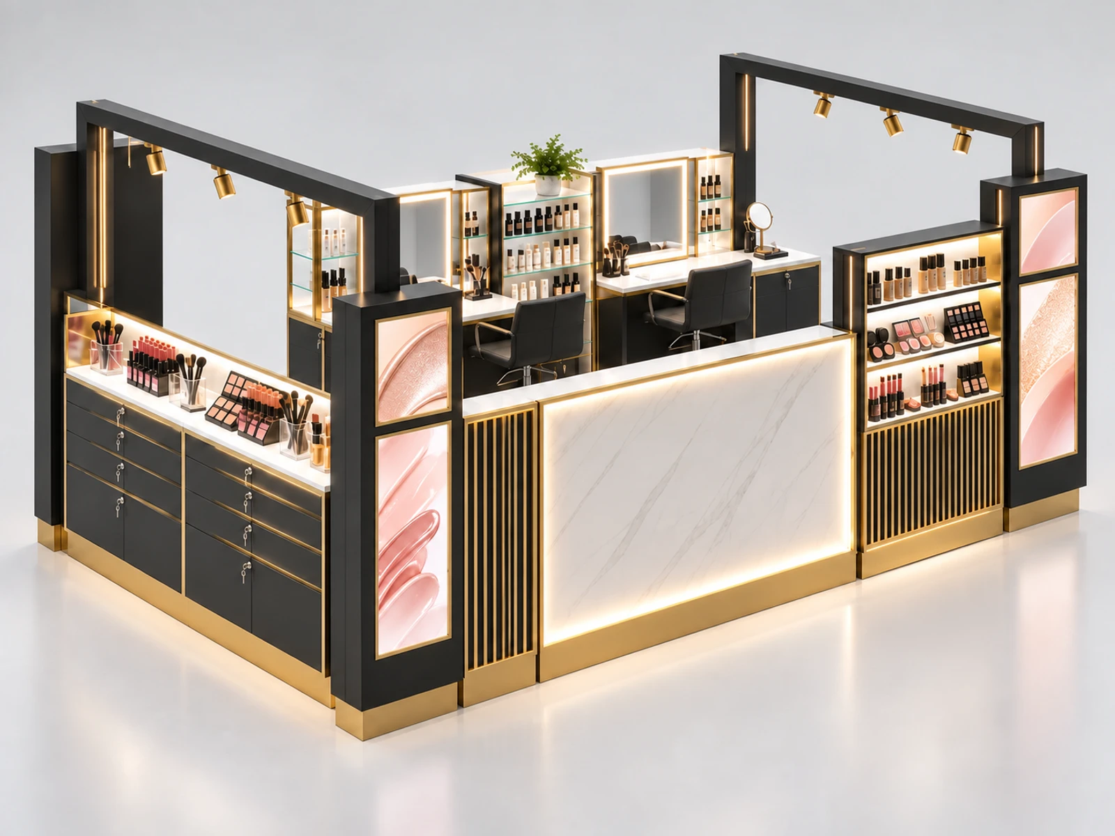 Large Cosmetic Kiosk with Two Consultation Stations opposite angle showing the complete layout