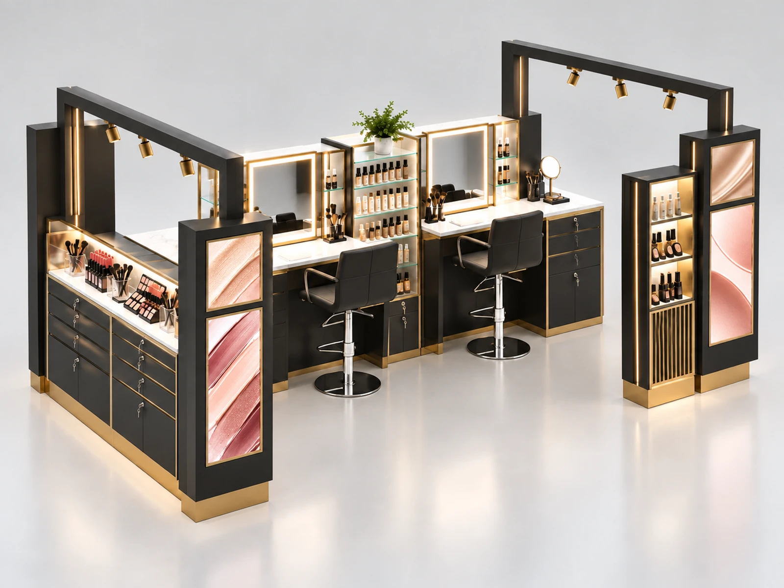 Large Cosmetic Kiosk with Two Consultation Stations staff-side equipment, utilities, and storage view