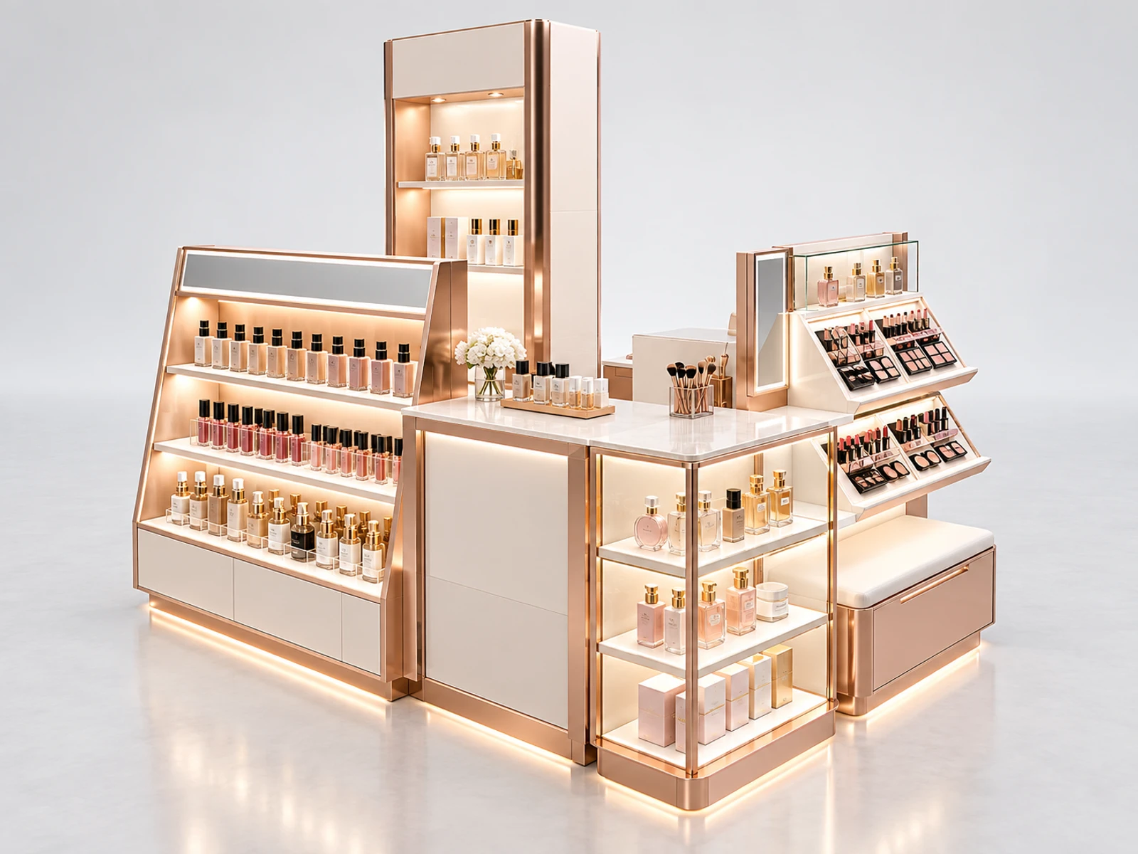 Luxury Rose Gold Cosmetic Kiosk with Illuminated Tester Displays main three-quarter product view
