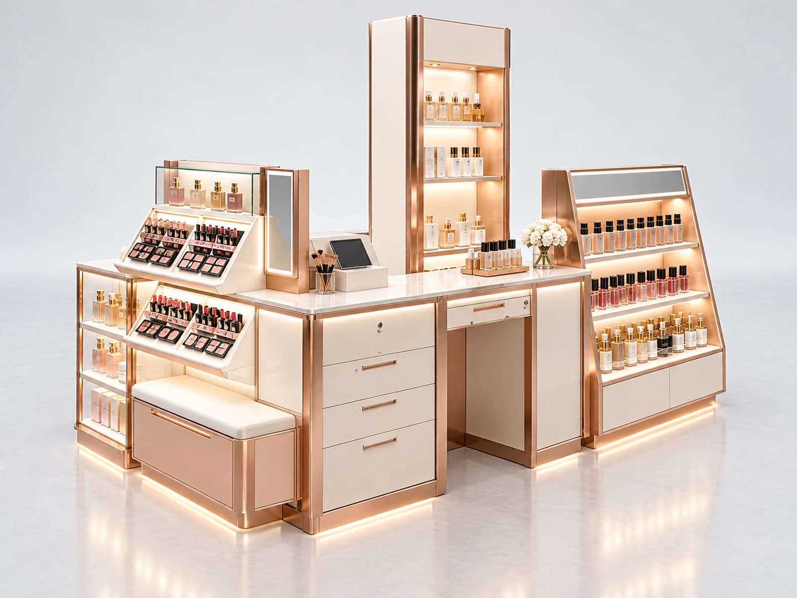 Luxury Rose Gold Cosmetic Kiosk with Illuminated Tester Displays opposite angle showing the complete layout
