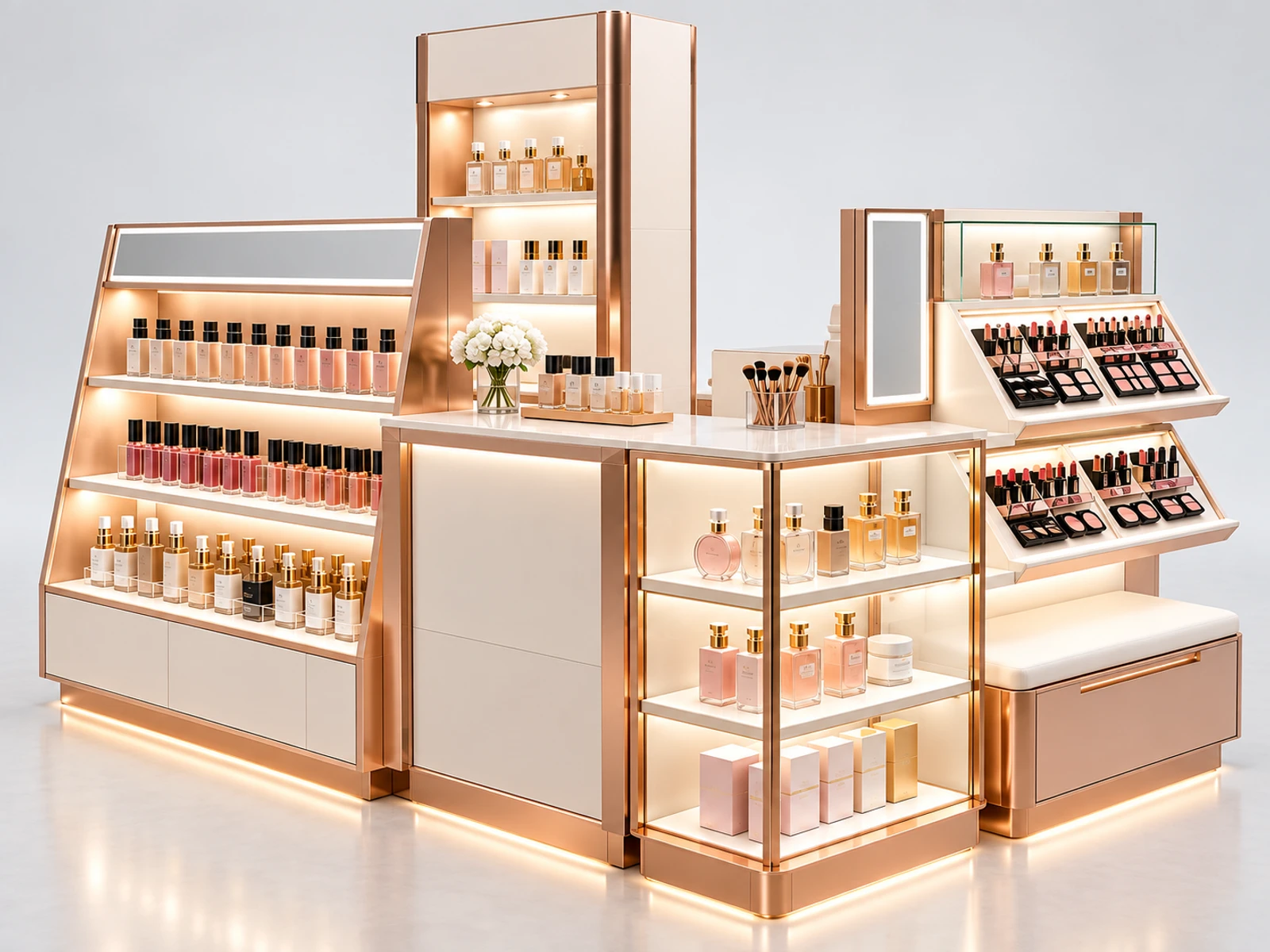 Luxury Rose Gold Cosmetic Kiosk with Illuminated Tester Displays customer-facing service and display detail