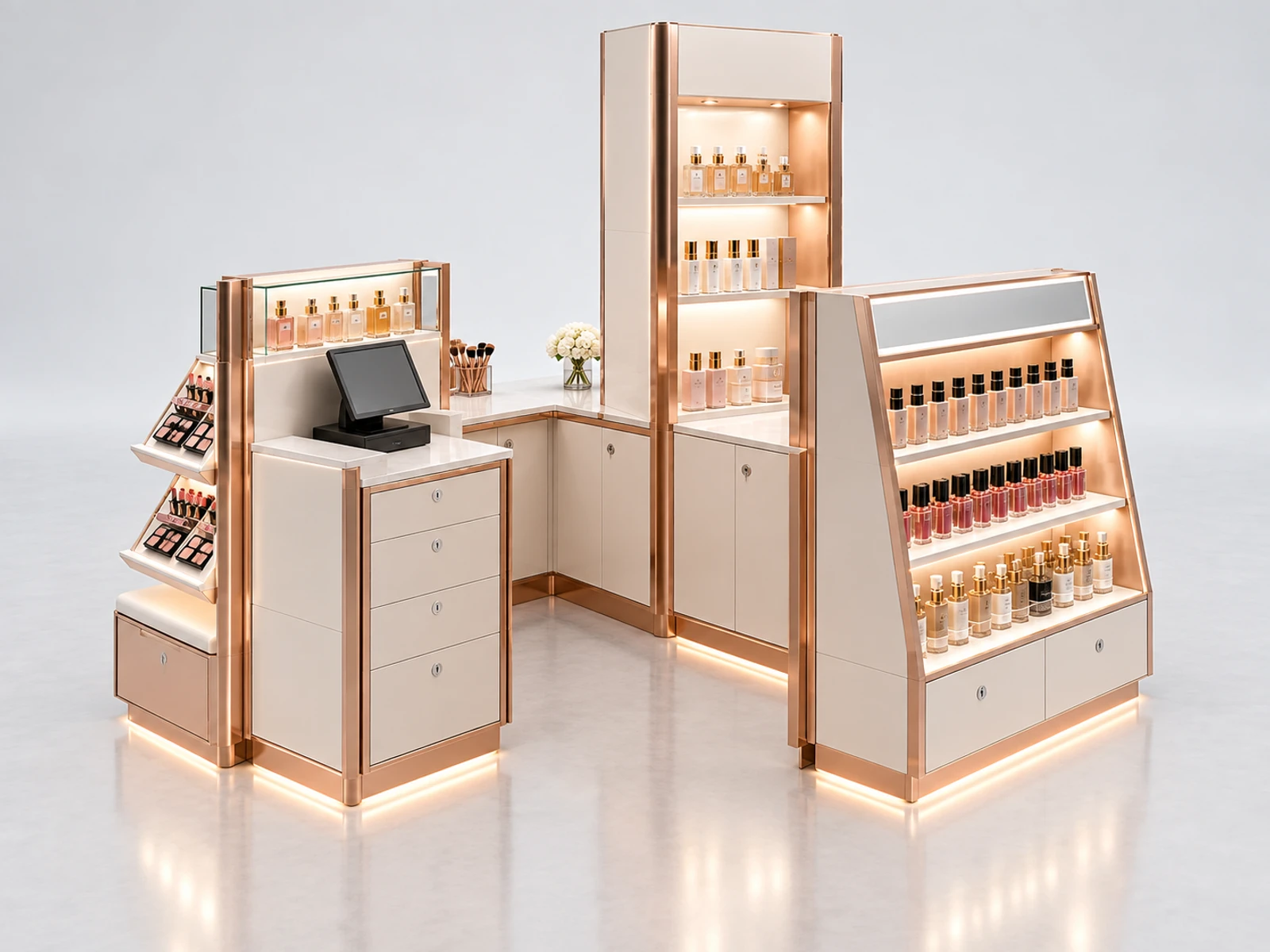 Luxury Rose Gold Cosmetic Kiosk with Illuminated Tester Displays staff-side equipment, utilities, and storage view