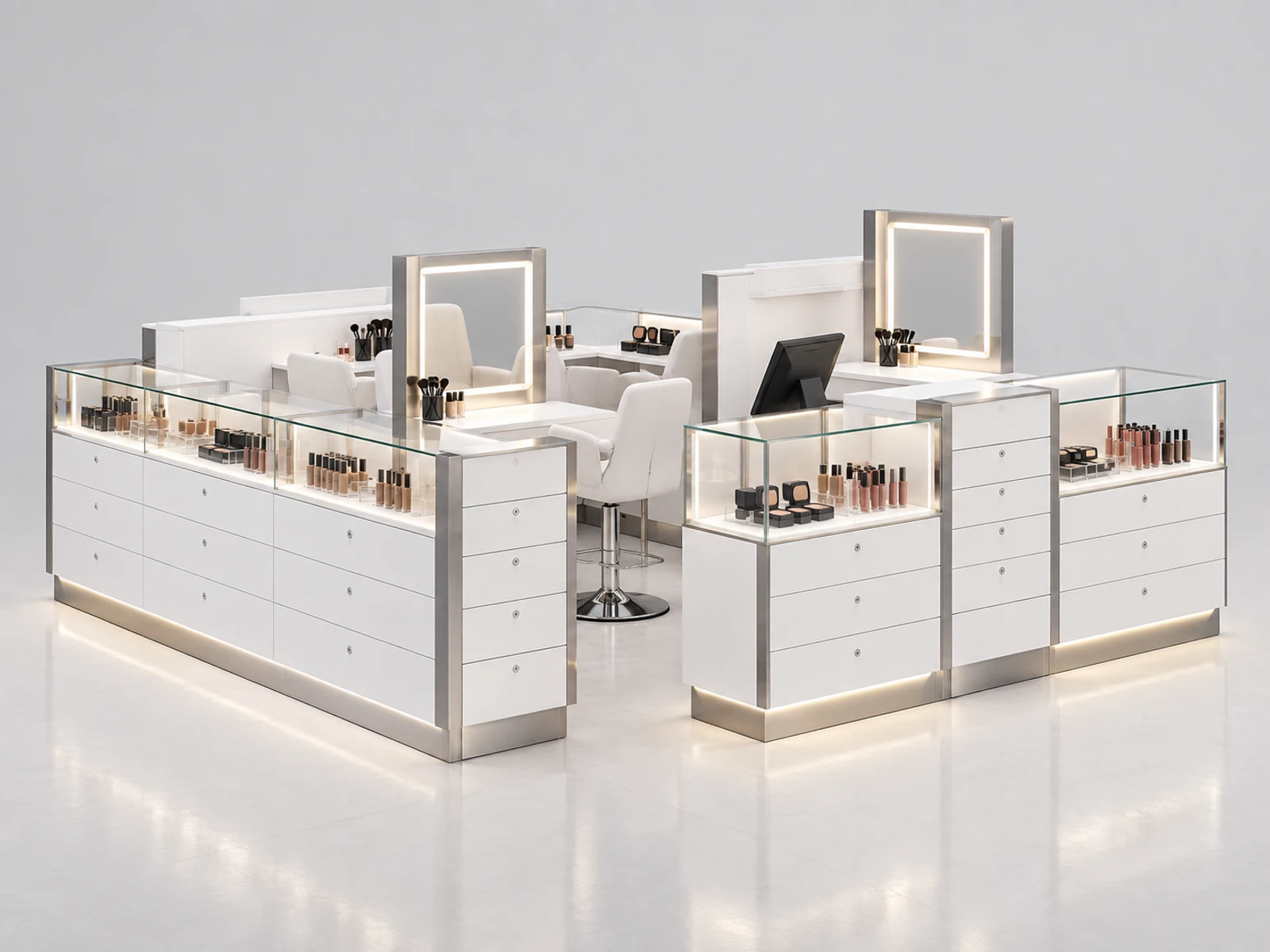 Minimal White Beauty Kiosk with Drawer Storage main three-quarter product view