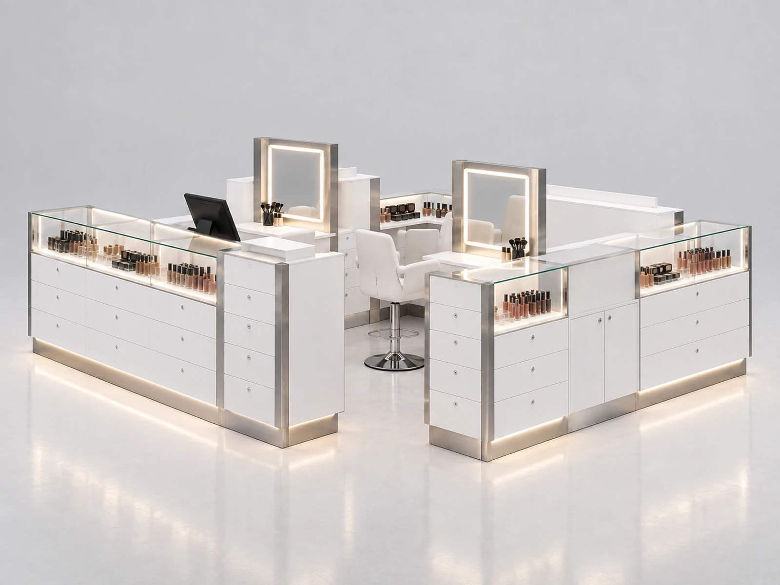 Minimal White Beauty Kiosk with Drawer Storage opposite angle showing the complete layout
