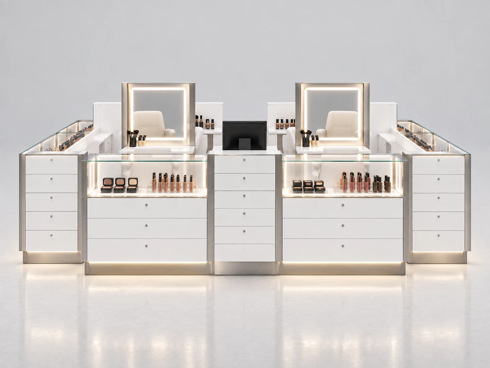 Minimal White Beauty Kiosk with Drawer Storage customer-facing service and display detail